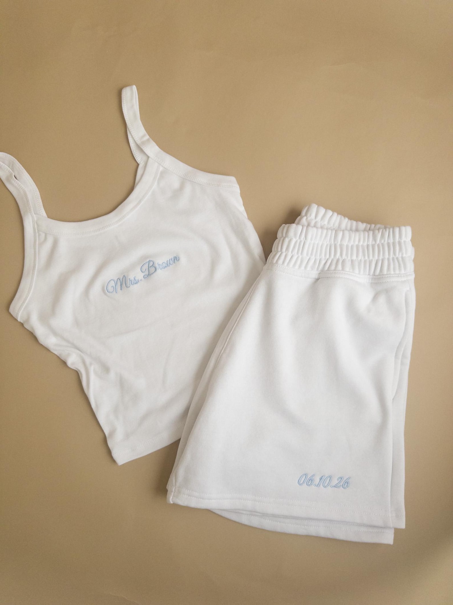 Custom Embroidered Mrs Pajama Set: White Bridal Outfit Spaghetti Strap Tank Top and Shorts