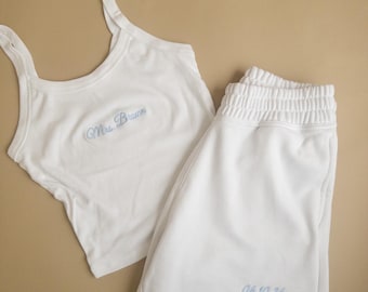 Custom Embroidered Mrs Pajama Set: White Bridal Outfit Spaghetti Strap Tank Top and Shorts
