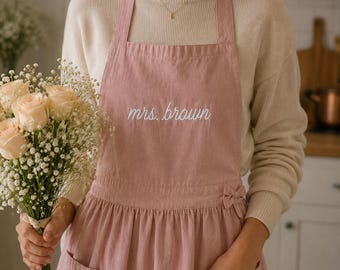Personalized Mrs. Embroidered Apron: Cotton Linen Blend, Wedding Housewarming Gift, Custom Women's Cooking, Baking, or Gardening Apron