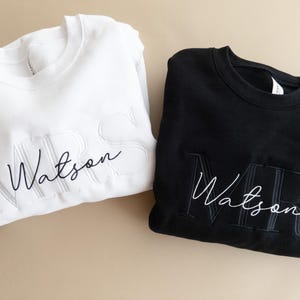 Custom Mrs Embroidered Sweatshirt with Date on Sleeve, Bride to Be Gift, Just Married Matching Set, Honeymoon Shirt, Engagement Bridal Gift