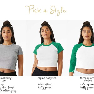 The image is a collage of three photos featuring women wearing different styles of t-shirts. The first photo shows a woman wearing a gray t-shirt, the second photo shows a woman wearing a white t-shirt with green sleeves, and the third photo shows a woman wearing a white t-shirt with green sleeves.