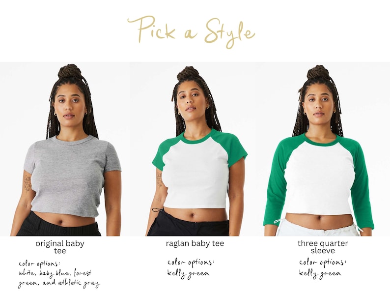 The image is a collage of three photos featuring women wearing different styles of t-shirts. The first photo shows a woman wearing a gray t-shirt, the second photo shows a woman wearing a white t-shirt with green sleeves, and the third photo shows a woman wearing a white t-shirt with green sleeves.