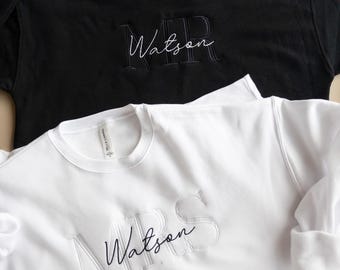 Custom geborduurde sweatshirts meneer en mevrouw, gepersonaliseerd huwelijkscadeau voor stel, net getrouwd huwelijksreiscadeau, toekomstige outfit bruid en bruidegom