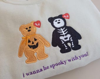 Embroidered Pumpkin Skeleton Bear Sweatshirt, 90s Style Spooky Sweatshirt, Cute Halloween Crewneck, Cozy Halloween Party Sweatshirt