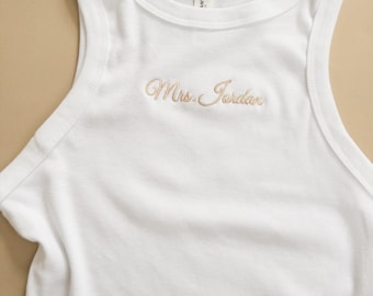 Embroidered Personalized Mrs Tank, Bridal Pjs, Future Mrs Tank, Custom Bridal Gift, Gift for Bride, Mrs Pajama Set, Bridal Shower Outfit