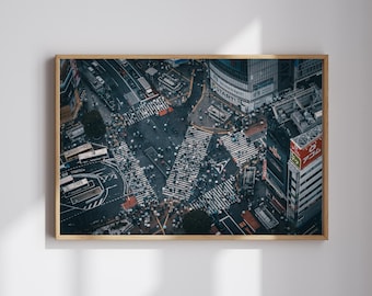 Impresión del cruce de Shibuya de Tokio / Arte mural de paisaje urbano en ángulo alto / Fotografía de la vida urbana japonesa / Póster de viaje a un lugar famoso