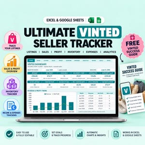 May include: A digital spreadsheet tool for Vinted sellers displayed on a laptop screen, featuring a dashboard with revenue, profit, and inventory metrics. The interface includes charts, tables, and tabs for listings, sales, and expenses, compatible with Excel and Google Sheets.