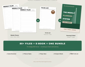 Paquete de planificador semanal + libro electrónico sobre sistema de planificación / Paquete completo de productividad / PDF de descarga instantánea