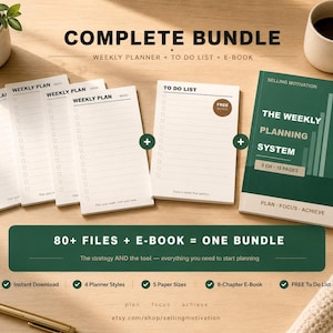 May include: A complete bundle of planning tools, including weekly planners, to-do lists, and an e-book. The image shows several notepads, a book with a green cover, and a coffee cup. Text on the image reads "Complete Bundle" and "80+ Files + E-Book = One Bundle."