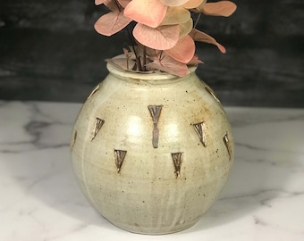 Handmade large round speckled white stoneware vase, wheel-thrown stoneware pottery flower vase