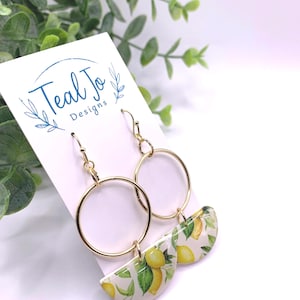Lemon Polymer Clay Earrings: Gold Hoops, Summer Citrus Boho