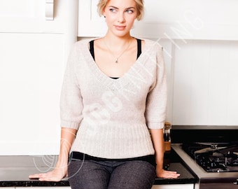 V Neck Knit Sweater Pattern PDF | Fitted Jumper with Ribbed Hem | Instant Download