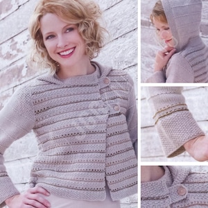 May include: A light beige hooded knit jacket featuring a textured stitch pattern with horizontal rows of darker brown detailing. The garment has a side-button closure with two visible buttons and long sleeves with matching textured cuffs.