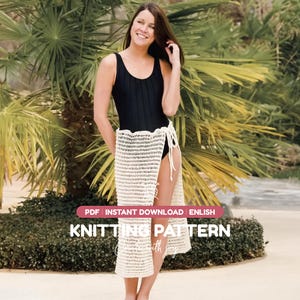 May include: A cream-colored, open-work crochet sarong featuring a side-tie closure, worn over a black one-piece swimsuit. The image includes text that reads: PDF INSTANT DOWNLOAD ENLISH KNITTING PATTERN.