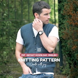 Puede incluir: Un chaleco de punto azul oscuro sin mangas con cuello en V y cierre de botones, sobre una camiseta blanca. La imagen incluye el texto: PDF INSTANT DOWNLOAD ENGLISH KNITTING PATTERN Create with joy, y un icono de ovillo con agujas.