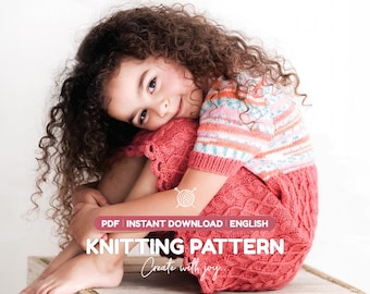 Girls Cable Dress Knitting Pattern PDF | Striped A-Line Sweater with Short Sleeves | Instant Download