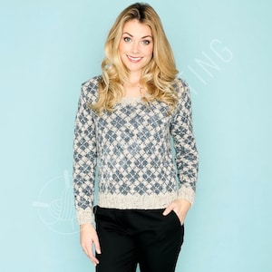 May include: A long-sleeved sweater featuring a repeating diamond pattern in slate blue and cream. The garment has a round neckline and a ribbed hemline at the waist and cuffs. The knit fabric displays a textured appearance with a consistent color scheme.