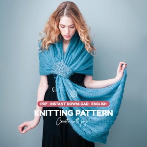 Op de afbeelding: Een blauwgroene gebreide sjaal met een gestructureerd opengewerkt patroon, gedrapeerd over een zwart kledingstuk. De afbeelding bevat de tekst: PDF | INSTANT DOWNLOAD | ENGLISH | KNITTING PATTERN | Create with joy, en een klein icoontje van een bol wol.