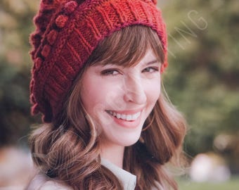 Patrón de boina de punto en PDF / Gorro de punto holgado de invierno con cable y pompón / Descarga instantánea