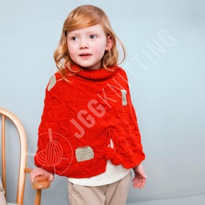 Kids Poncho Knitting Pattern PDF | Patchwork Style with Cables and Pom-Poms for Toddlers | Instant Download