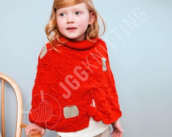 Kids Poncho Knitting Pattern PDF | Girls Cape with Cables and Pom Poms | Instant Download