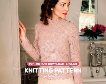 Vintage Inspired Knit Top Pattern PDF | Long Sleeve Lace Blouse for Women | Instant Download