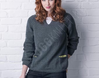 Pocket Sweater Knitting Pattern PDF | V Neck Knit Jumper for Women | Instant Download