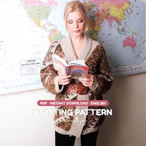 May include: A brown and beige patterned knit cardigan with a shawl collar, long sleeves, and a woven brown leather belt. The image includes text that reads: PDF | INSTANT DOWNLOAD | ENGLISH | KNITTING PATTERN | Create with joy...