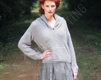 Patrón de punto para suéter con capucha en PDF / Sudadera de punto de invierno para mujer / Jersey de punto holgado / Descarga instantánea
