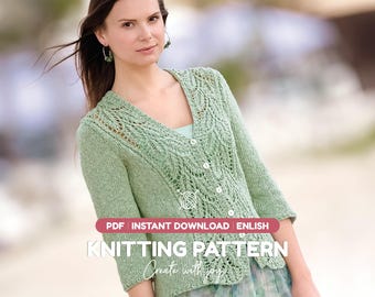 Knitting Pattern PDF for Women’s Lace Cardigan I Lightweight Spring Knit With Deep V Neck And Button Front I Instant Download