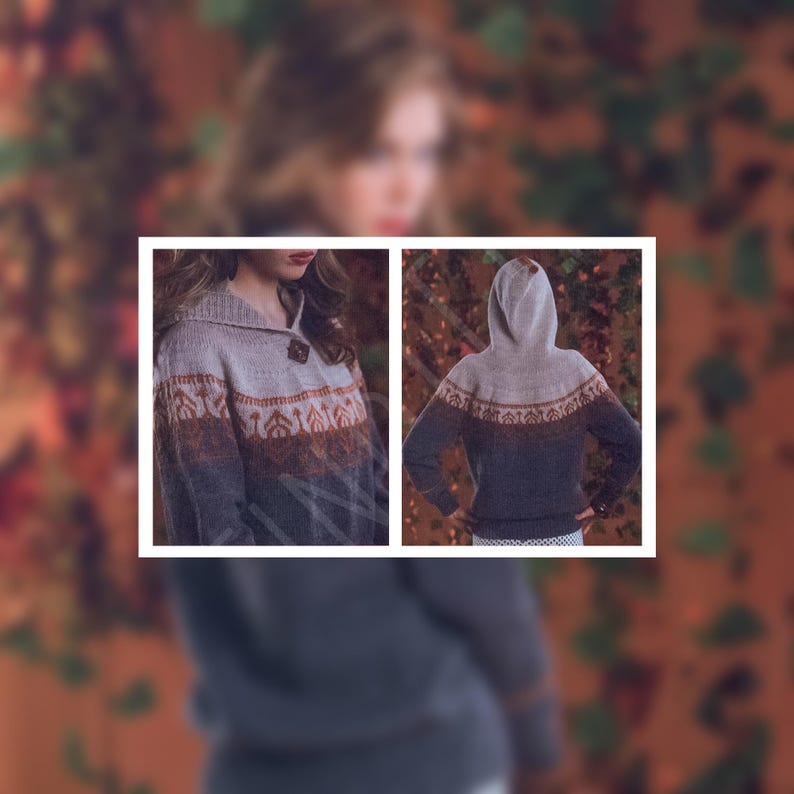 May include: A hooded knit sweater featuring a gradient color transition from light gray at the top to dark charcoal at the bottom. The chest area displays a horizontal band with a repeating geometric pattern in shades of rust and brown.