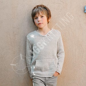 Boys Sweater Knitting Pattern PDF | Striped Jacquard Jumper with Pocket | Instant Download