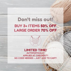 May include: A wicker basket filled with balls of beige and gray yarn, accompanied by wooden knitting needles. The image features text: Don't miss out! BUY 3+ ITEMS 50% OFF LARGE ORDER 70% OFF. LIMITED TIME! AUTOMATICALLY APPLIED AT CHECKOUT!