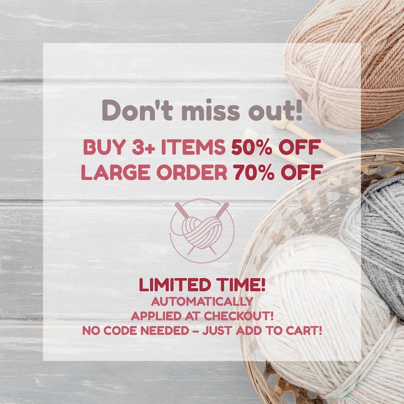 May include: A wicker basket filled with balls of beige and gray yarn, accompanied by wooden knitting needles. The image features text: Don't miss out! BUY 3+ ITEMS 50% OFF LARGE ORDER 70% OFF. LIMITED TIME! AUTOMATICALLY APPLIED AT CHECKOUT!