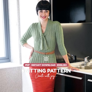 May include: A sage green ribbed knit sweater with three-quarter sleeves, a V-neckline, and a tie-front detail, paired with a brown woven belt and a textured orange skirt. The image includes text: PDF INSTANT DOWNLOAD ENGLISH KNITTING PATTERN.