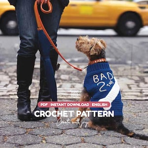 May include: A dog wearing a blue crocheted sweater with the text BAD 2 THE BONE embroidered in white and yellow. The sweater features a white bone graphic. The dog is attached to a leash held by a person wearing dark blue jeans and black boots.