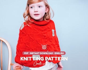 Kids Poncho Knitting Pattern PDF | Girls Cape with Cables and Pom Poms | Instant Download