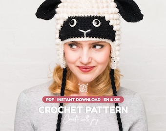 Modello PDF per cappello da pecora all'uncinetto / Cappello a forma di animale con paraorecchie per bambini e adulti / Divertente accessorio invernale / Download immediato