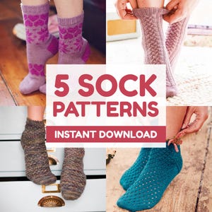 May include: A collage of five different knitted sock patterns. The socks are in various colors, including purple, teal, and brown. The text "5 SOCK PATTERNS INSTANT DOWNLOAD" is displayed in red.