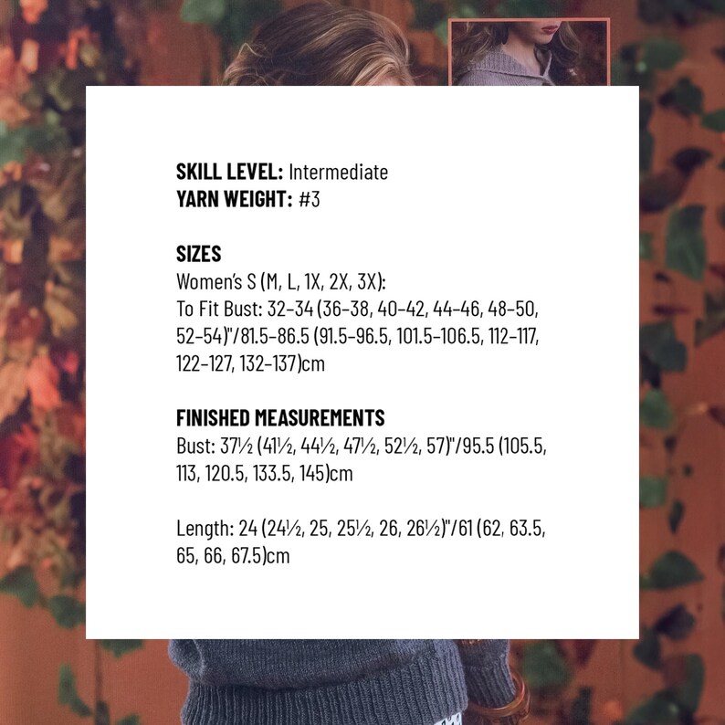 May include: A white informational card displaying knitting pattern details including skill level intermediate, yarn weight #3, and a comprehensive size chart for bust measurements from 32 to 54 inches and finished lengths from 24 to 26.5 inches.