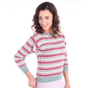 Patrón de suéter tejido en PDF / Jersey de rayas en zigzag para mujer / Tejido para principiantes otoño-invierno / Descarga instantánea