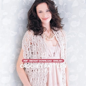 May include: A digital crochet pattern document featuring a light beige, open-work crocheted shawl with a delicate fan-like stitch design. The text on the image reads: PDF INSTANT DOWNLOAD ENGLISH CROCHET PATTERN.