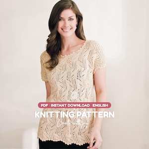 May include: A beige short-sleeved knit top featuring an intricate openwork leaf pattern, a scalloped neckline, and a scalloped hem. The image includes text that reads: PDF INSTANT DOWNLOAD ENGLISH KNITTING PATTERN Create with joy.