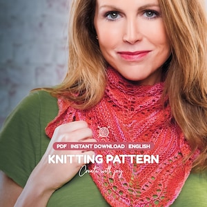 May include: A PDF instant download English knitting pattern featuring a vibrant orange and pink variegated yarn triangular shawl with an intricate openwork lace design. The text on the image reads PDF INSTANT DOWNLOAD ENGLISH KNITTING PATTERN.