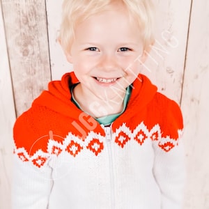 May include: A white and bright orange hooded zip-up sweater featuring a geometric diamond pattern across the chest and shoulders. The garment has long sleeves, a front zipper closure, and a hood. The text JGGKNITTING is visible on the image.