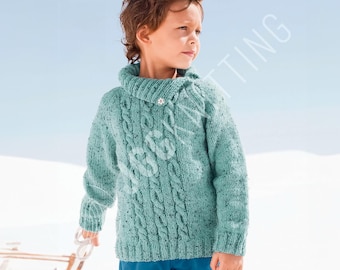 Boys Sweater Knitting Pattern PDF | Easy Cable Jumper with Press-Stud Collar | Instant Download