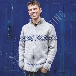 May include: A grey zip-up knitted sweater with a geometric blue pattern. The sweater has a high collar and is worn over a brown collared shirt. The person is smiling in front of a blue door.