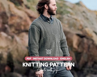 May include: A digital knitting pattern for a long-sleeve V-neck sweater featuring various textured knit panels in olive green. The image includes the text: PDF INSTANT DOWNLOAD ENGLISH KNITTING PATTERN Create with joy...