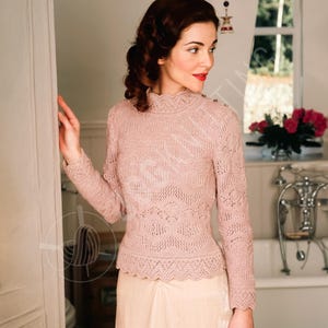 Vintage Inspired Knit Top Knitting Pattern PDF | Long Sleeve Lace Blouse | Beginner-Friendly Knitting Project | Instant Download