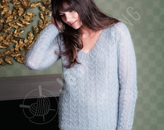 Mohair Sweater Knitting Pattern PDF | V Neck Lace Pullover for Women | Lightweight Openwork Knit | Instant Download